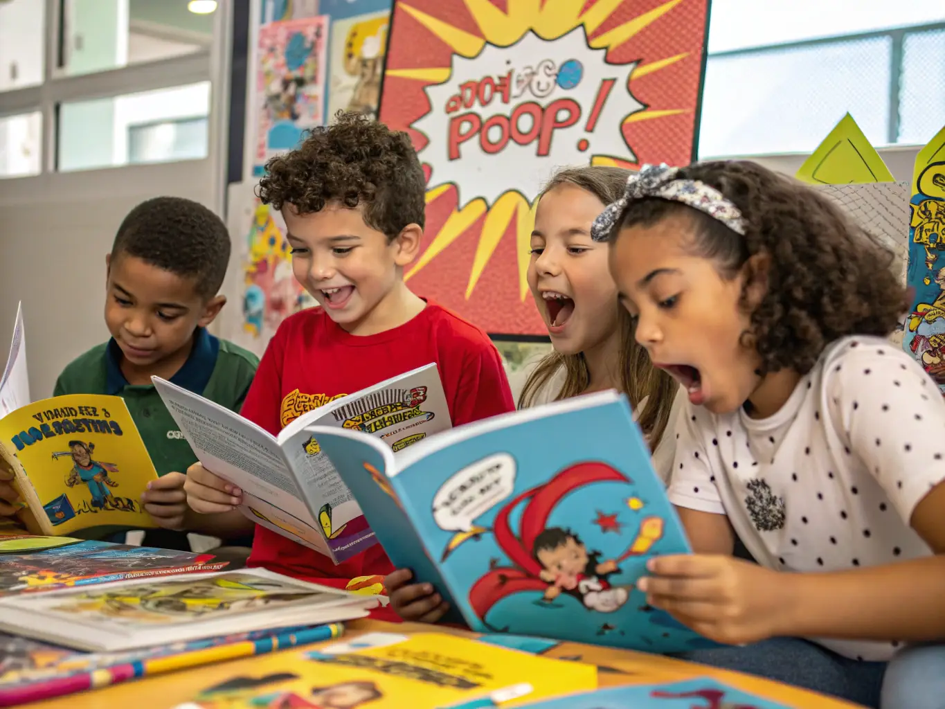 A vibrant image of children and adults participating in a reading workshop at the Vichy Val d'Allier library, showcasing the joy of learning and community engagement.