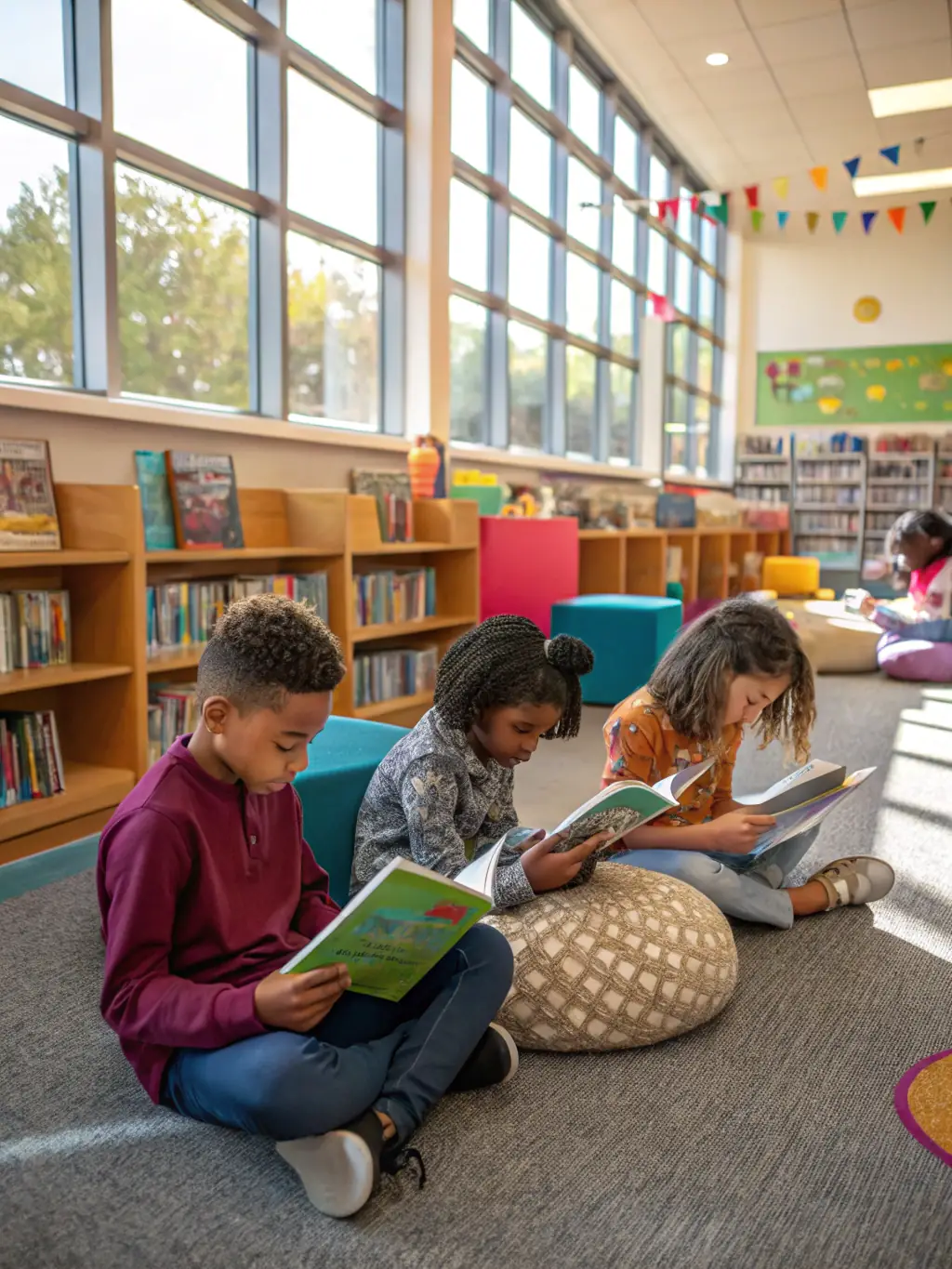 A group of children sitting in a circle, listening attentively to a librarian reading a storybook during a children's reading program at the Vichy Val d'Allier library.